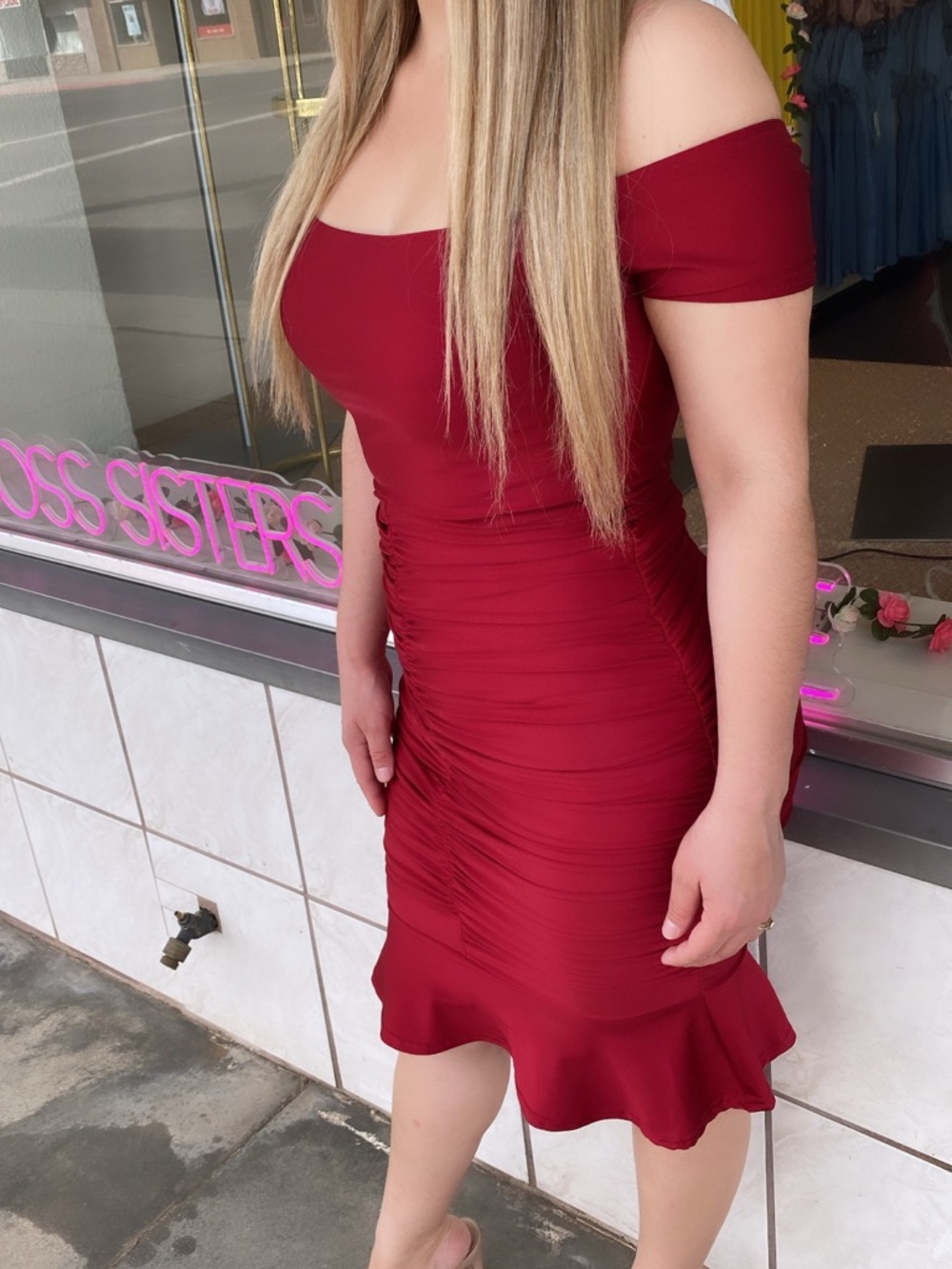 Off-Shoulder Ruched Midi Dress in Burgundy